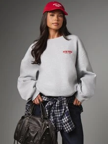 MISSGUIDED New York Oversized Crew Neck Sweatshirt With Chest And Back Graphic Text Print Long Sleeve Pullover - Grey - View 2