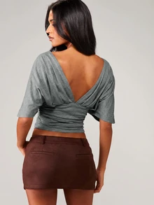 MISSGUIDED Deep V-Neck Wrap Crop Top With Ruched Waist And Batwing Sleeves - Reversible Open Back Design For Fall Winter - Dark Grey - View 2