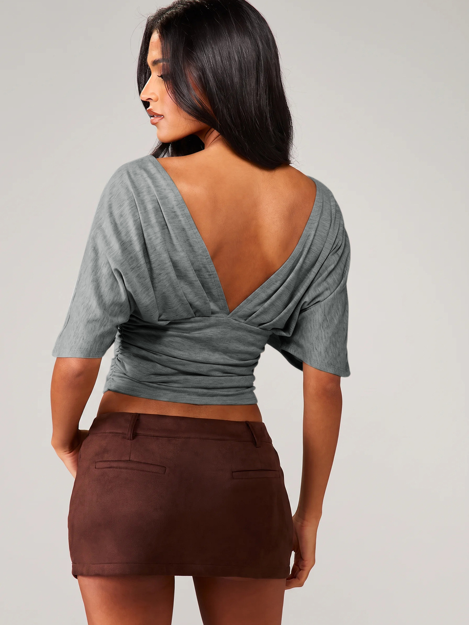 MISSGUIDED Deep V-Neck Wrap Crop Top With Ruched Waist And Batwing Sleeves - Reversible Open Back Design For Fall Winter
