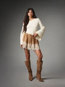MISSGUIDED Boho Mini Skirt With Ivory Lace Trim Hem Elastic Drawstring Waist Flowy A-Line Silhouette Summer Festival Holiday - Coffee Brown - View 4