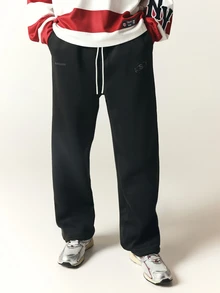 SUMWON Wide Leg Black Sweatpants With Embroidered Logo Drawstring Waist Relaxed Fit Casual Fleece Joggers Fall Winter Streetwear - Black - View 1