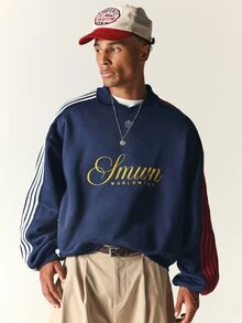 SUMWON Worldwide Oversized Sweatshirt With Collared Neckline Gold Embroidery And Contrast Stripe Sleeves - Navy Blue - View 5