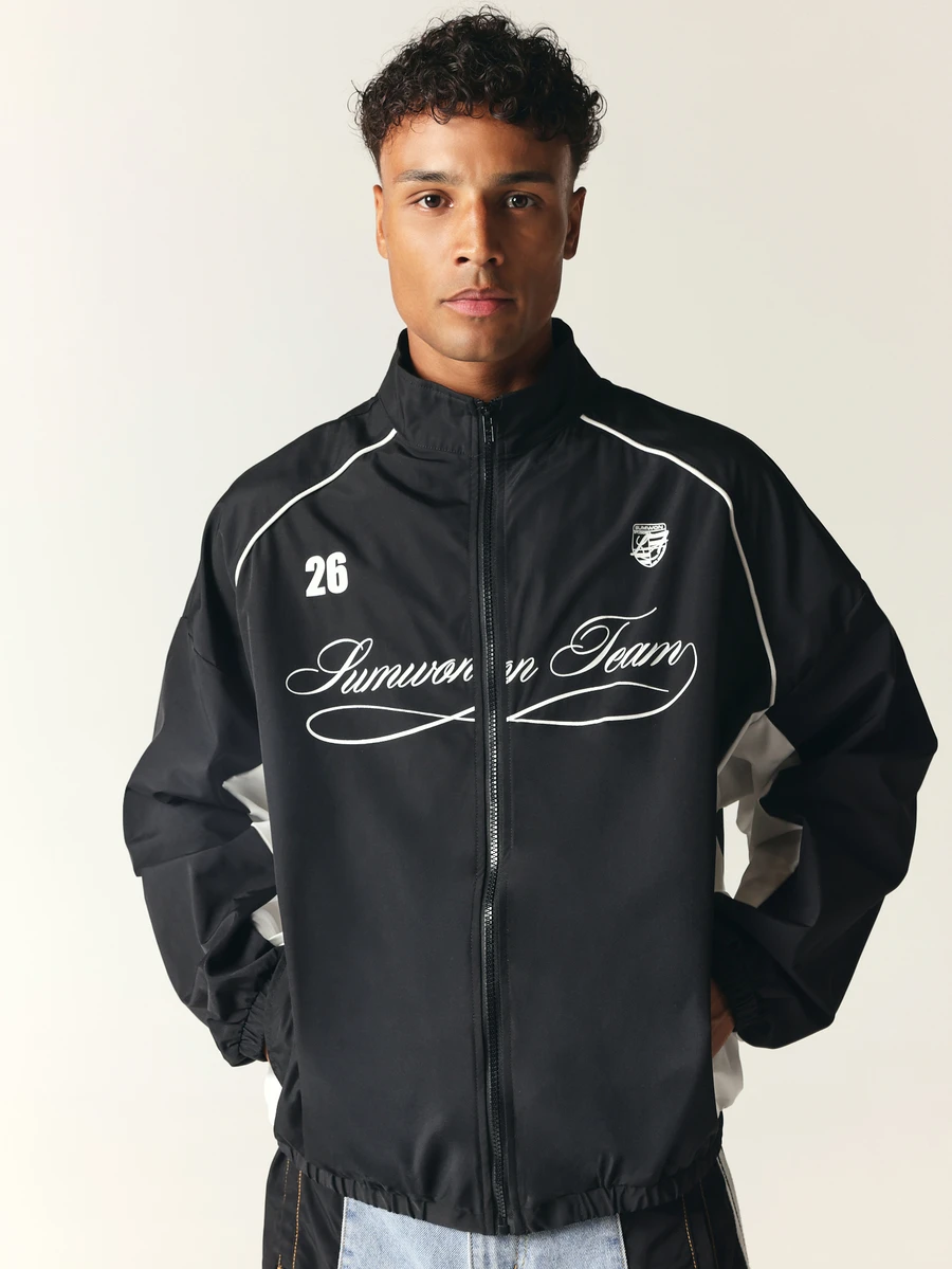 SUMWON Team Oversized Windbreaker Jacket With Script Graphic Print Mandarin Collar Full Zip Color Block Sleeves - Black and White - View 1