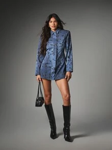 MISSGUIDED 花卉印花牛仔迷你襯衫洋裝 長袖領口前開鈕扣修身西裝版型 剪裁派對日常 春夏款 - 藍色 - 查看 4
