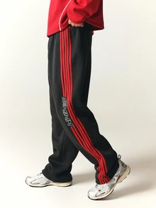 SUMWON Wide Leg Track Pants With Bold Red Side Stripe Detail And Brand Logo Leg Print Elastic Waist Casual Street Style - Black - View 1