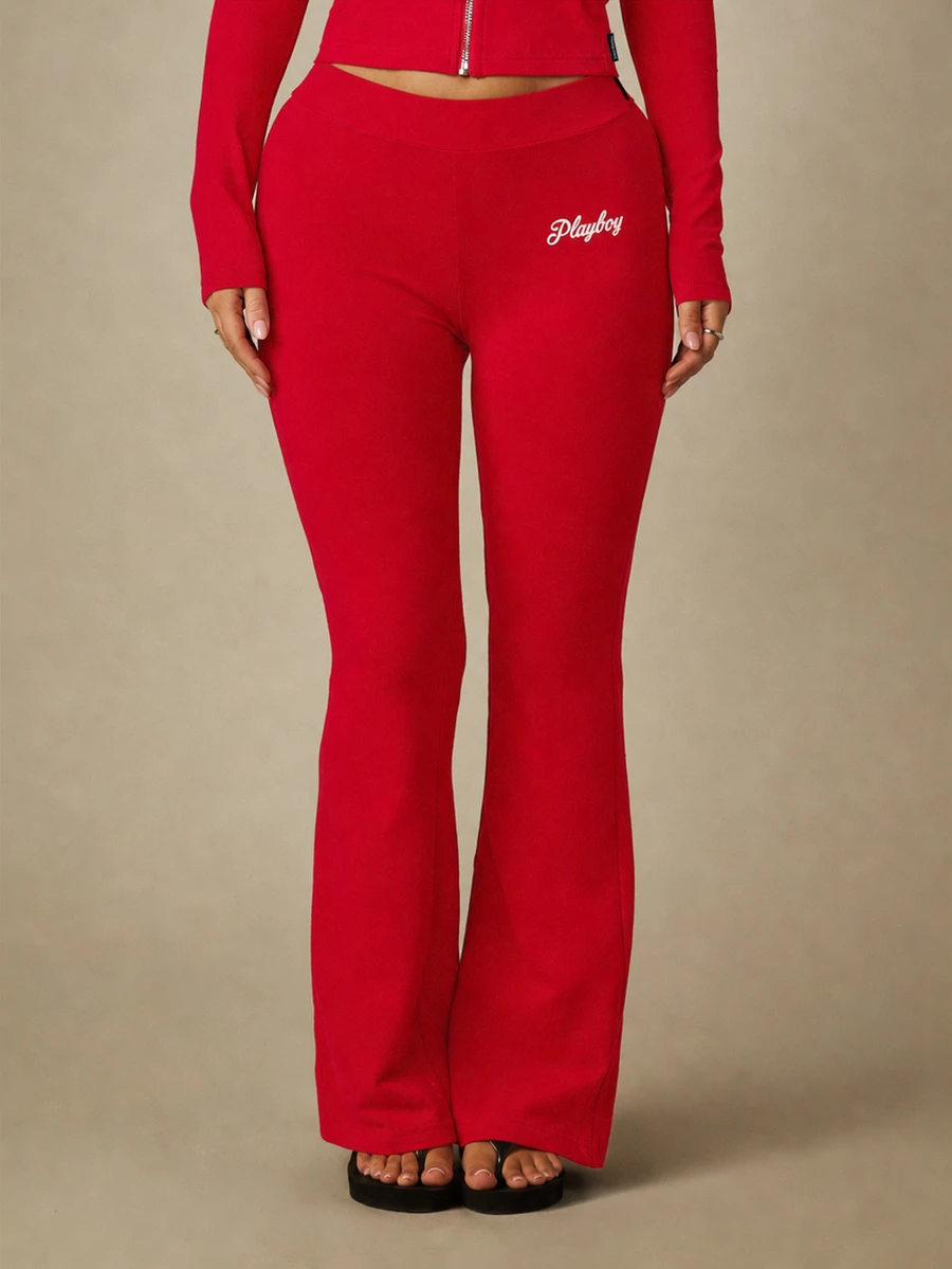 Missguided x Playboy Script Logo Flare Leg Trousers Mid Rise Fitted Waistband Bell Bottom Flared Hem Stretch Jersey Pants - Red - View 1