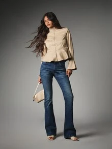 MISSGUIDED Jaket Peplum dengan Resleting, Lengan Lonceng, dan Saku Tempel, Kerah Tinggi, Pinggang Pas, dan Hem Melebar, Pakaian Luar Musim Gugur dan Musim Dingin - Khaki - View 4