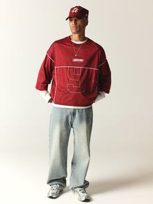 SUMWON Oversized Burgundy Mesh Long Sleeve Jersey Top With Number Graphic And Brand Logo Chest Print Contrast Piping Detail - Red - View 3