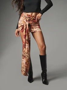 MISSGUIDED Satin Mini Skirt With Front Knot Tie Detail And Asymmetric Draped Panel Mixed Animal And Script Print Summer Festival - Multicolor - View 1