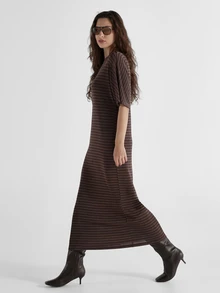 KSTM Striped Maxi T-Shirt Dress Crew Neck Short Sleeve Oversized Shift Silhouette Relaxed Fit Casual Everyday Summer Fall Jersey Knit Long Dress - Coffee Brown - View 2