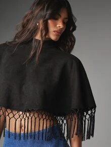 MISSGUIDED Cropped Cape Top With Macrame Fringe Hem And High Neck Perfect For Festival Season And Evening Occasions - Black - View 5