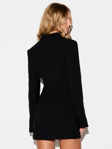 KIZN Square Neck Long Sleeve Blazer Mini Dress With Toggle Button Detail Structured Shoulders Party Night Out Fall Winter - Black - View 2