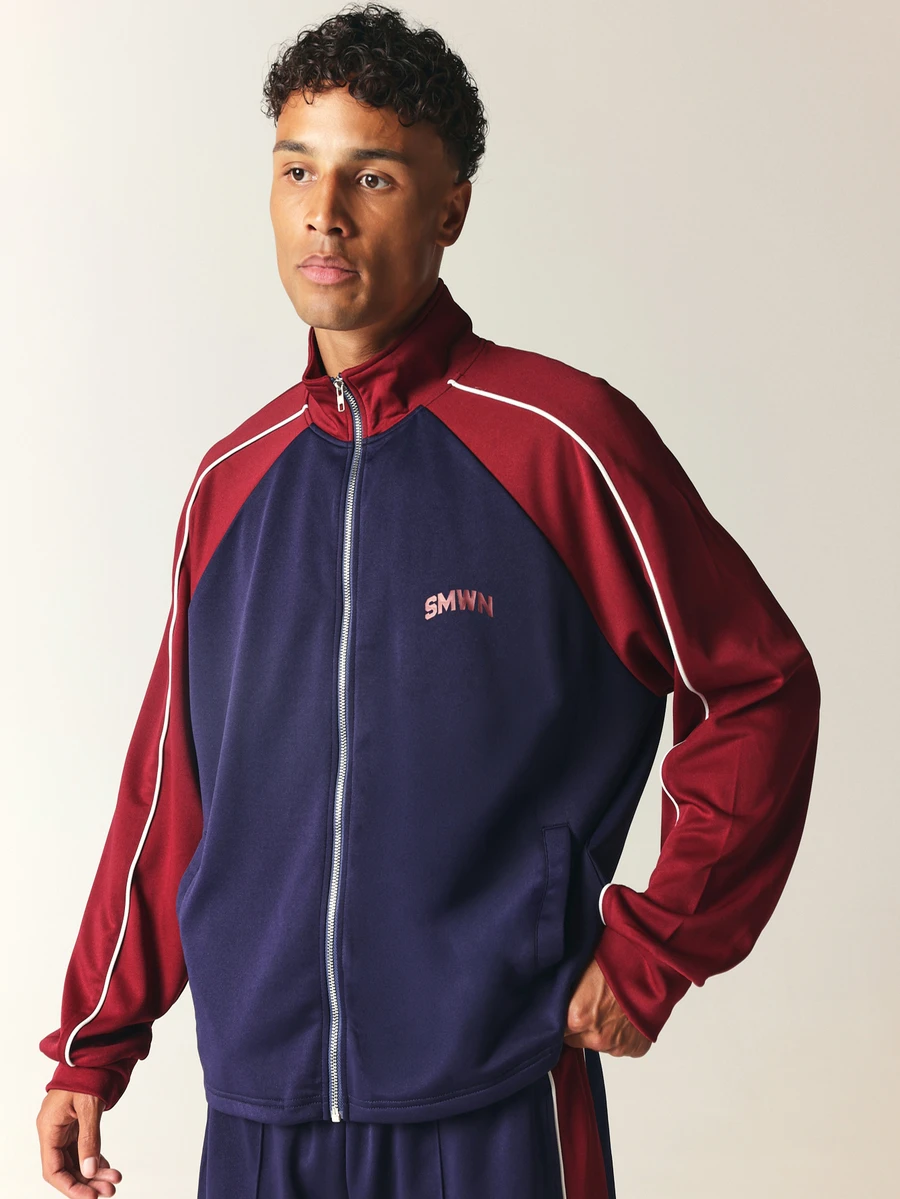 SUMWON Color Block Full Zip Track Jacket With Mandarin Collar Raglan Sleeves And White Contrast Piping Detail - Multicolor - View 1