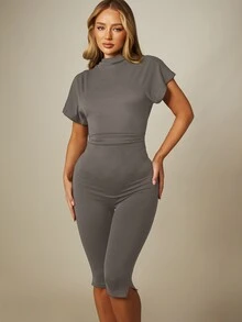 MISSGUIDED 高領短袖修身連身褲，收腰設計，九分褲腿，開衩下擺細節 - 深灰色 - 查看 4