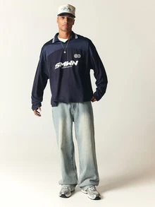 SUMWON Long Sleeve Rugby Collar Shirt With Chest Logo Print And Contrast Stripe Tipping Detail - Blue - View 3