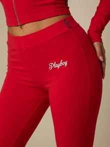 Missguided x Playboy Script Logo Flare Leg Trousers Mid Rise Fitted Waistband Bell Bottom Flared Hem Stretch Jersey Pants - Red - View 4