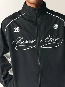 SUMWON Team Oversized Windbreaker Jacket With Script Graphic Print Mandarin Collar Full Zip Color Block Sleeves - Black and White - View 5