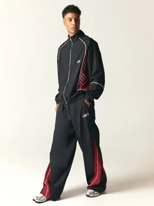 SUMWON Wide Leg Track Pants With Color Block Side Panels White Piping Trim And Embroidered Logo Detail Full Length - Multicolor - View 3