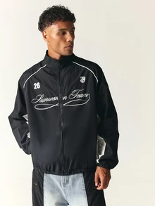 SUMWON Team Oversized Windbreaker Jacket With Script Graphic Print Mandarin Collar Full Zip Color Block Sleeves - Black and White - View 4