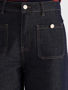 KSTM High Rise Wide Leg Dark Wash Jeans With Patch Pockets Rose Gold Button Detail And Cuffed Hem For Spring Summer Casual Everyday Wear - Blue - View 5