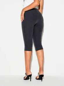KIZN High Rise Cropped Capri Leggings Skin Tight Stretch Knit Seamless Waistband Below Knee Length Everyday Casual Staple - Black - View 2
