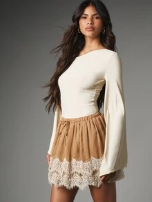 MISSGUIDED Boho Mini Skirt With Ivory Lace Trim Hem Elastic Drawstring Waist Flowy A-Line Silhouette Summer Festival Holiday - Coffee Brown - View 2
