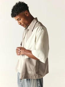 SUMWON Color Block Short Sleeve Zip-Up Collared Shirt With Diagonal Paneling In Cream And Taupe Tones Summer Casual Overshirt - Khaki - View 7
