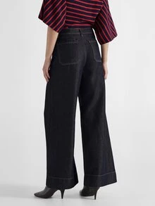 KSTM High Rise Wide Leg Dark Wash Jeans With Patch Pockets Rose Gold Button Detail And Cuffed Hem For Spring Summer Casual Everyday Wear - Blue - View 4