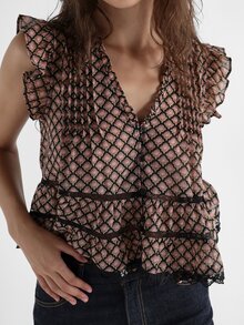KSTM Floral Geometric Print Chiffon Ruffle Blouse V-Neck Cap Sleeve Tiered Lace Trim Detail Top Summer Boho Festival - Multicolor - View 4