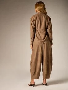 AiiRZ Linen Feel Collared Button-Front Shirt And Barrel Leg Trousers Co-Ord Set With Cinched Waist Detail - Grey - View 2
