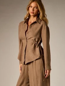 AiiRZ Linen Feel Collared Button-Front Shirt And Barrel Leg Trousers Co-Ord Set With Cinched Waist Detail - Grey - View 3
