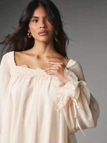 MISSGUIDED Gaun Mini Babydoll dengan Leher Persegi, Hiasan Renda di Bagian Bawah, Lengan Panjang Mengembang, Manset Ikat, Siluet Gaun Longgar, Cocok untuk Musim Semi dan Musim Panas, Acara Pernikahan. - Aprikot - View 2