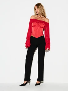 KIZN Cold Shoulder Satin Corset Top With Chiffon Ruffle Bell Sleeves Lace-Up Back Tie Front Detail Crop Length Valentine Party - Red - View 5