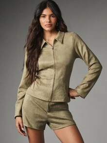 MISSGUIDED Faux Suede Co-Ord Set Collared Full-Zip Jacket And Mini Shorts Two-Piece Outfit Autumn Winter - Green - View 1