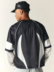 SUMWON Men's Color Block Mesh Long Sleeve Crop Top With Crew Neck Embroidered Logo White Curved Panel Detail Raglan Sleeve Jersey Style - Black and White - View 2