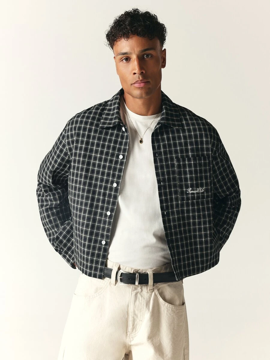 SUMWON Oversized Black And White Checked Plaid Overshirt With Spread Collar Long Sleeve Button Front And Script Logo Embroidery - Black - View 1