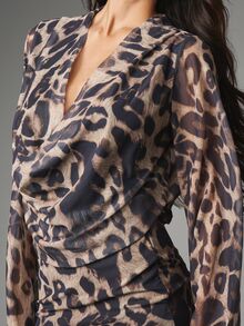 MISSGUIDED Leopard Print Chiffon Mini Dress With Cowl Neck Bell Sleeves Lace Trim Hem Ruched Waist Wrap Style Party Night Out - Multicolor - View 5