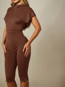 MISSGUIDED 小高領短袖抓皺腰身修身七分褲連身褲，開衩下擺設計，緊身廓形 - 巧克力棕 - 查看 3