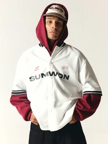 SUMWON Boxy Fit Oversized Baseball Jersey Shirt With Snap Buttons Black Stripe Trim Band Collar Short Sleeve Graphic Logo Front - White - View 4