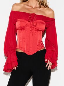 KIZN Cold Shoulder Satin Corset Top With Chiffon Ruffle Bell Sleeves Lace-Up Back Tie Front Detail Crop Length Valentine Party - Red - View 4