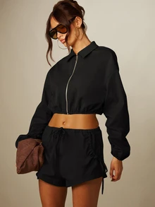 MISSGUIDED 抽繩彈性腰迷你短褲，側邊綁帶設計與圓弧下擺，適合夏季音樂節度假 - 黑色 - 查看 1