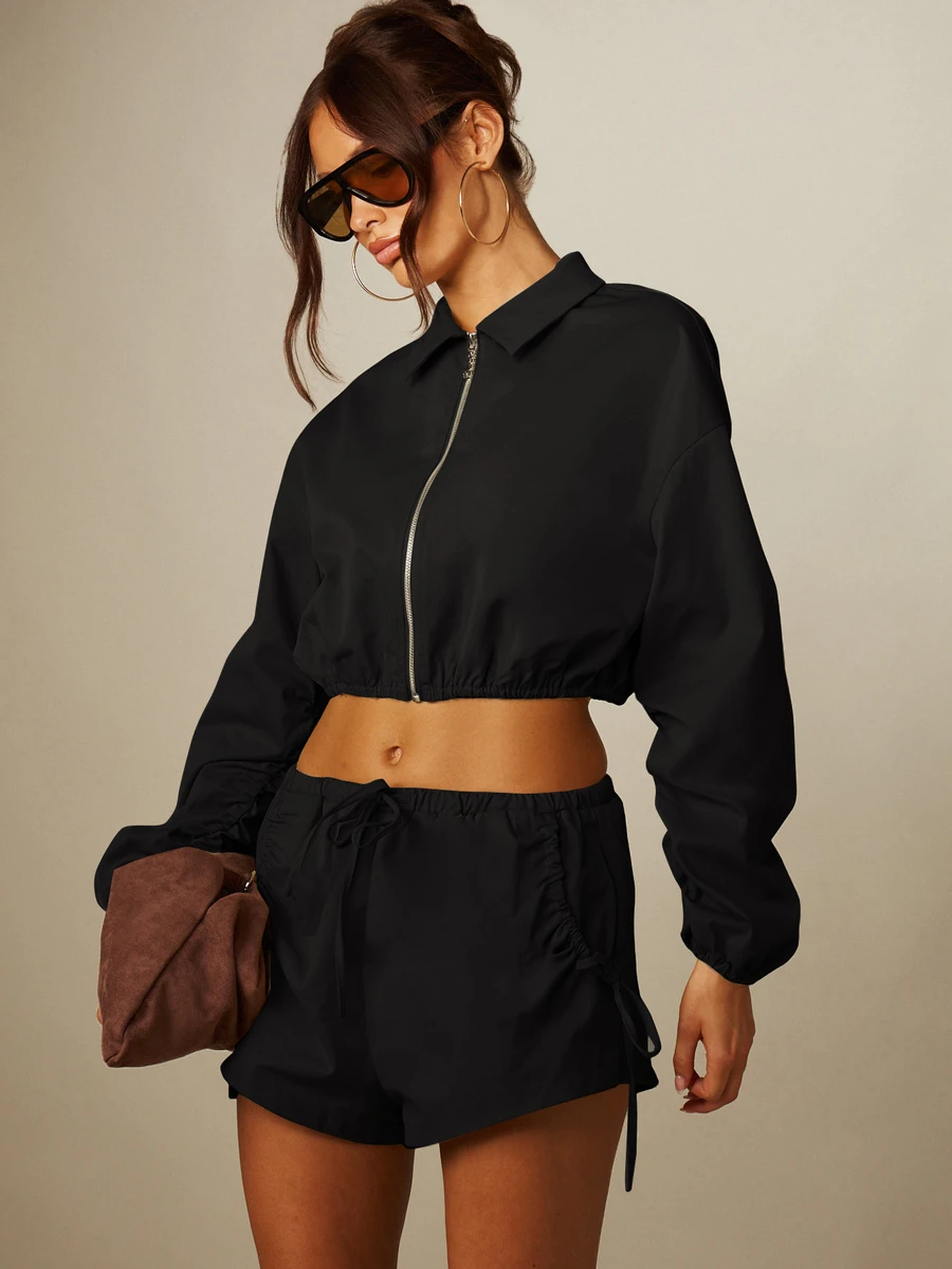 MISSGUIDED 抽繩彈性腰迷你短褲,側邊綁帶設計與圓弧下擺,適合夏季音樂節度假 - 黑色 - 查看 1