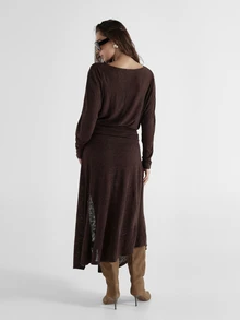 KSTM Maxi Knit Dress Batwing Long Sleeve Boat Neck Drawstring Waist Side Slit Flowy Fall Winter Holiday Party Midi Length - Coffee Brown - View 6