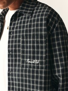 SUMWON Oversized Black And White Checked Plaid Overshirt With Spread Collar Long Sleeve Button Front And Script Logo Embroidery - Black - View 6