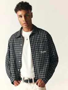 SUMWON Oversized Black And White Checked Plaid Overshirt With Spread Collar Long Sleeve Button Front And Script Logo Embroidery - Black - View 4