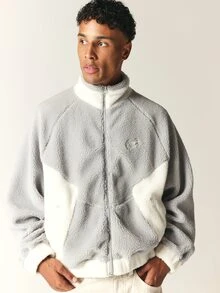 SUMWON Oversized Sherpa Fleece Bomber Jacket Full Zip Ribbed Collar Color Block Two-Tone Winter Outerwear Cozy Fall Season - Multicolor - View 7