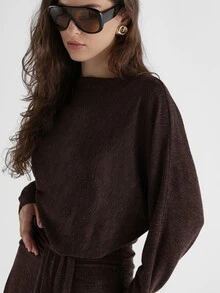 KSTM Maxi Knit Dress Batwing Long Sleeve Boat Neck Drawstring Waist Side Slit Flowy Fall Winter Holiday Party Midi Length - Coffee Brown - View 5