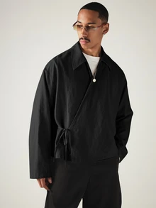 SUMWON Wrap Front Kimono Jacket With Tie Waist Oversized Long Sleeve Collared Lightweight Woven Outerwear Spring Summer Festival - Black - View 1