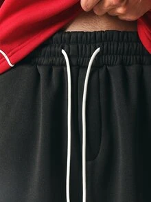 SUMWON Wide Leg Track Pants With Bold Red Side Stripe Detail And Brand Logo Leg Print Elastic Waist Casual Street Style - Black - View 6