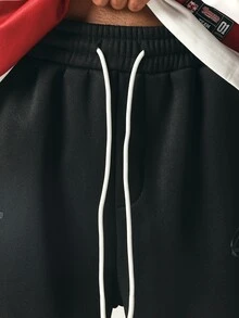 SUMWON Wide Leg Black Sweatpants With Embroidered Logo Drawstring Waist Relaxed Fit Casual Fleece Joggers Fall Winter Streetwear - Black - View 7